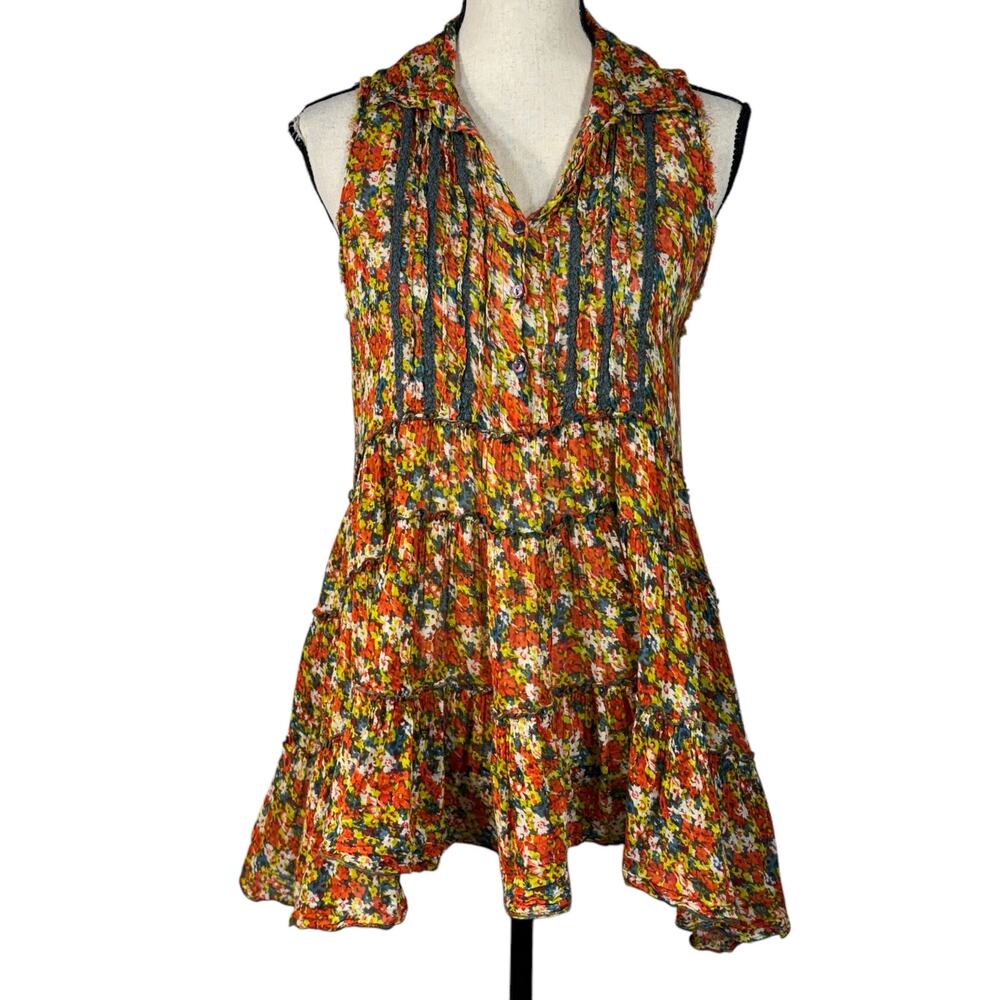 Free People X-Small After Dark Garden Tunic Top Floral V-Neck Sleeveless Tiered